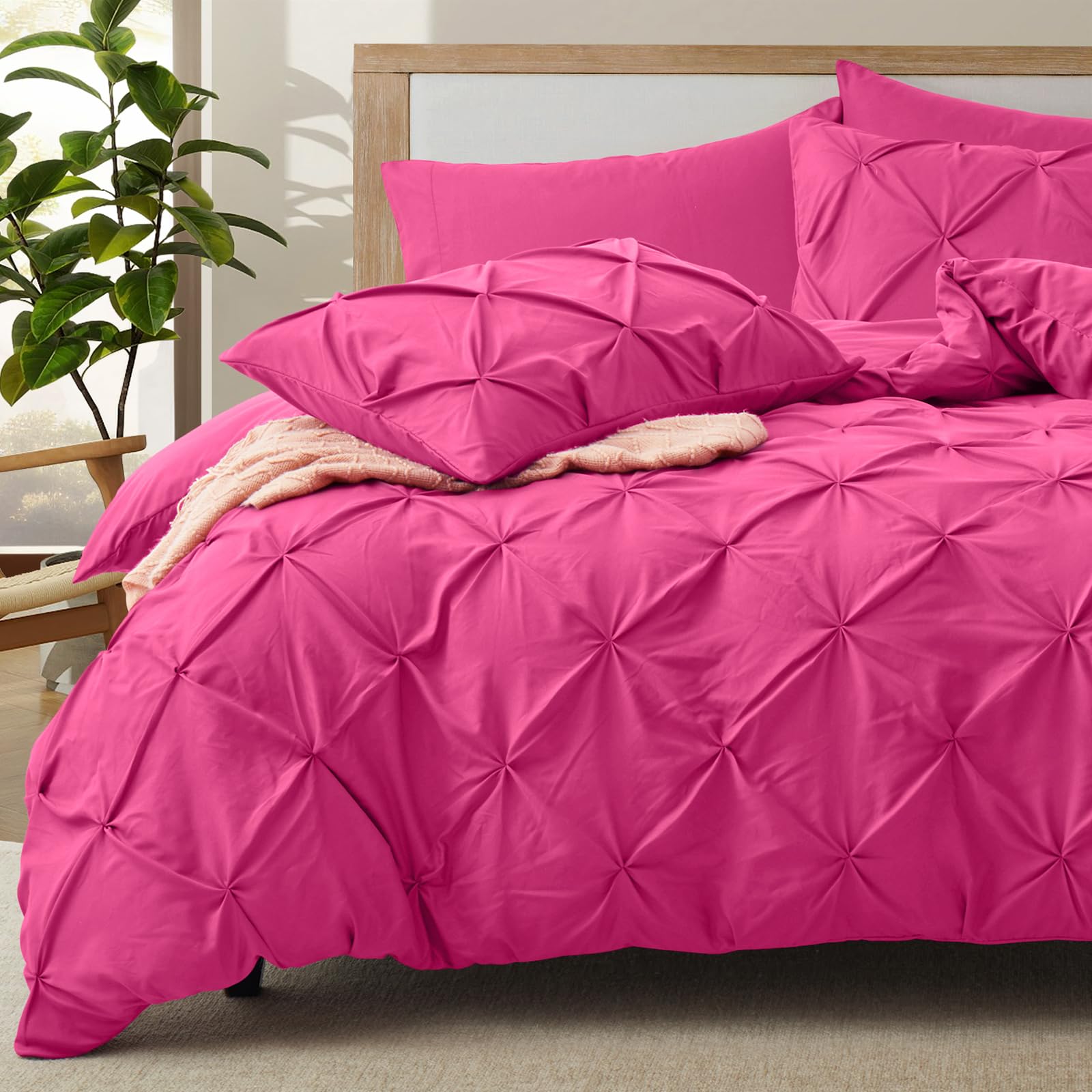 Vacvelt 5 Piece Pinch Pleated Duvet Cover Full/Queen Size Set, Hot Pink Pintuck Duvet Cover With Zipper & 8 Ties, Shabby Chic Mi
